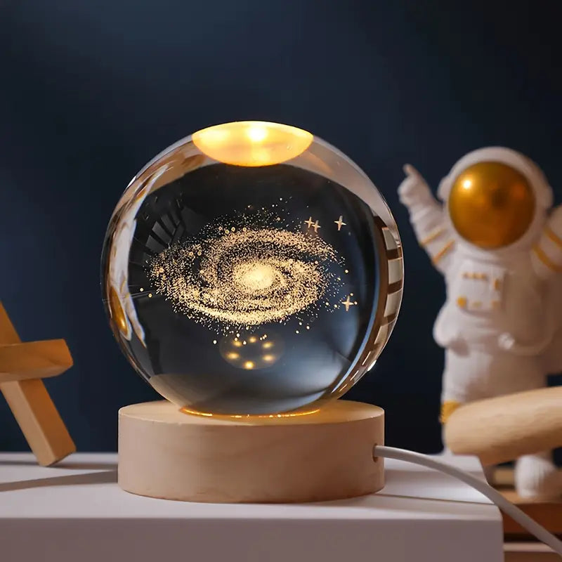 3D Crystal Galaxy Ball with LED Wooden Base – 6cm